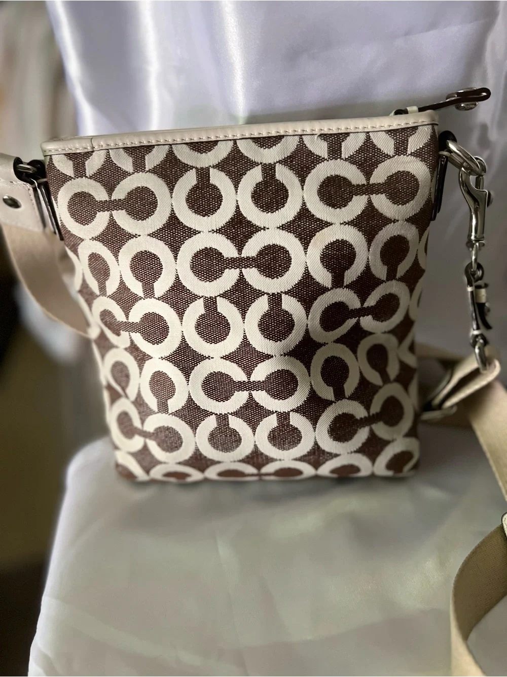 Coach Cream and Brown Signature Turn-Lock Crossbody